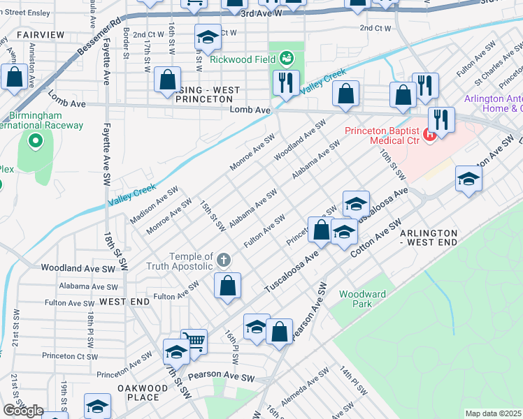 map of restaurants, bars, coffee shops, grocery stores, and more near 407 14th Street Southwest in Birmingham