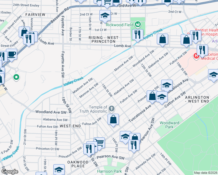 map of restaurants, bars, coffee shops, grocery stores, and more near 1445 Woodland Avenue Southwest in Birmingham