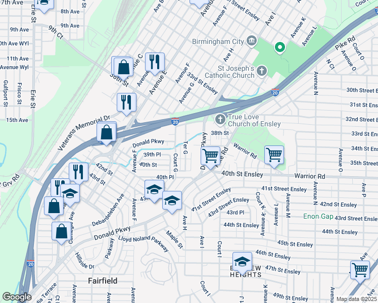 map of restaurants, bars, coffee shops, grocery stores, and more near 3909 Avenue N in Birmingham
