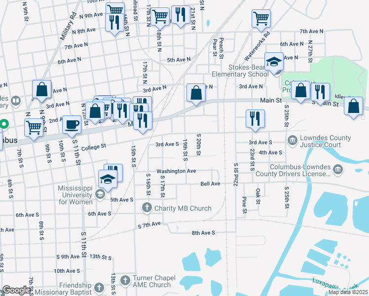 map of restaurants, bars, coffee shops, grocery stores, and more near 304 19th Street South in Columbus