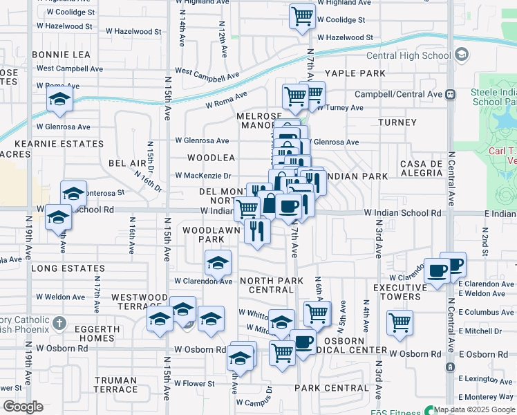 map of restaurants, bars, coffee shops, grocery stores, and more near 930 West Indian School Road in Phoenix