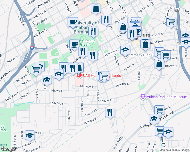 map of restaurants, bars, coffee shops, grocery stores, and more near 1143 14th Street South in Birmingham