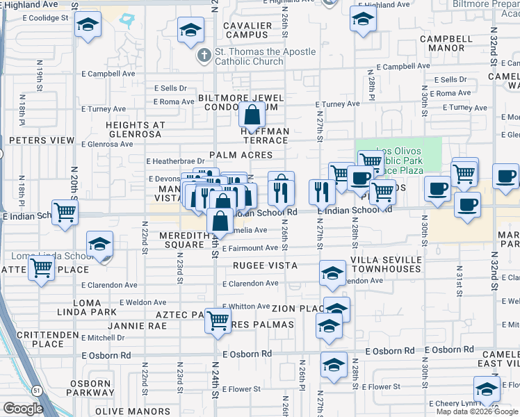 map of restaurants, bars, coffee shops, grocery stores, and more near 2514e East Indian School Road in Phoenix