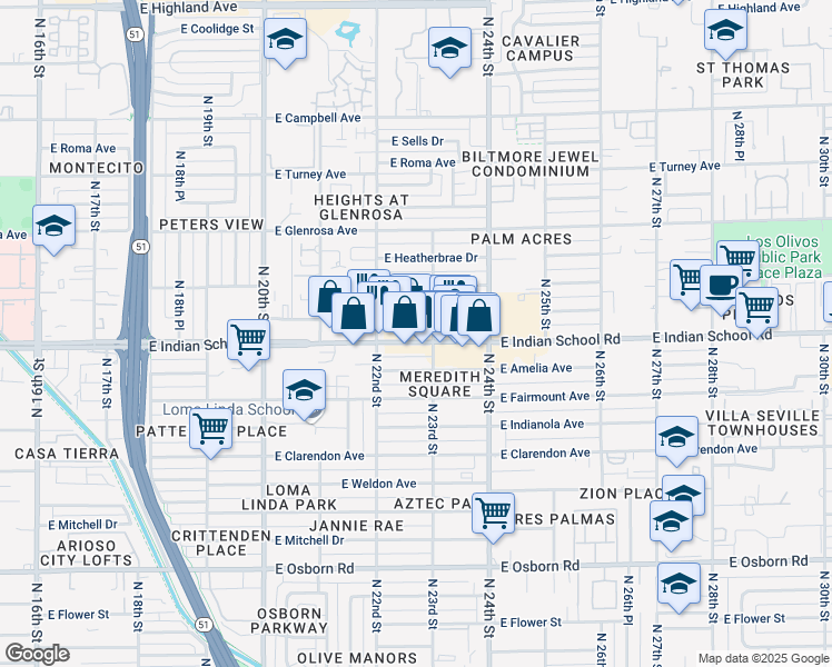 map of restaurants, bars, coffee shops, grocery stores, and more near 2222 East Indian School Road in Phoenix