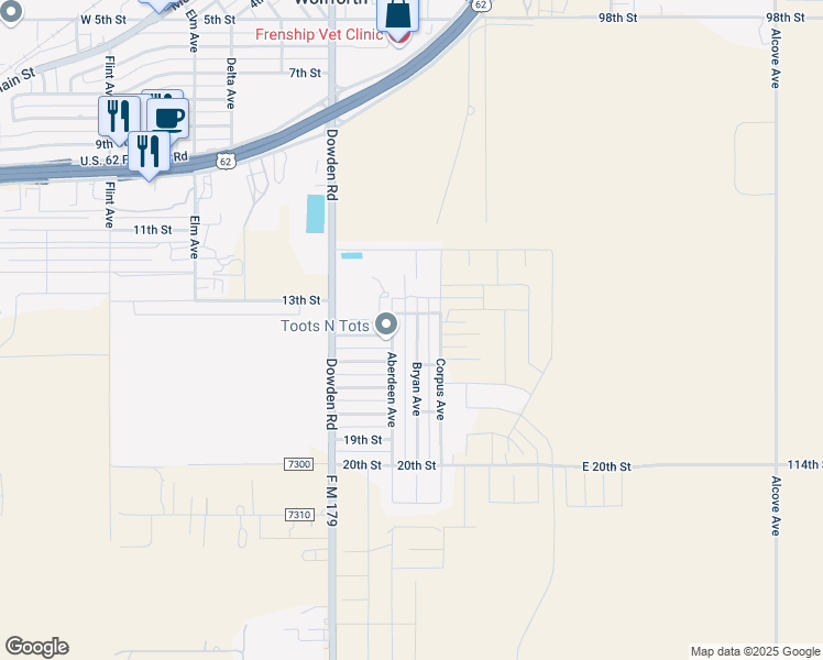 map of restaurants, bars, coffee shops, grocery stores, and more near 1405 Bryan Avenue in Wolfforth