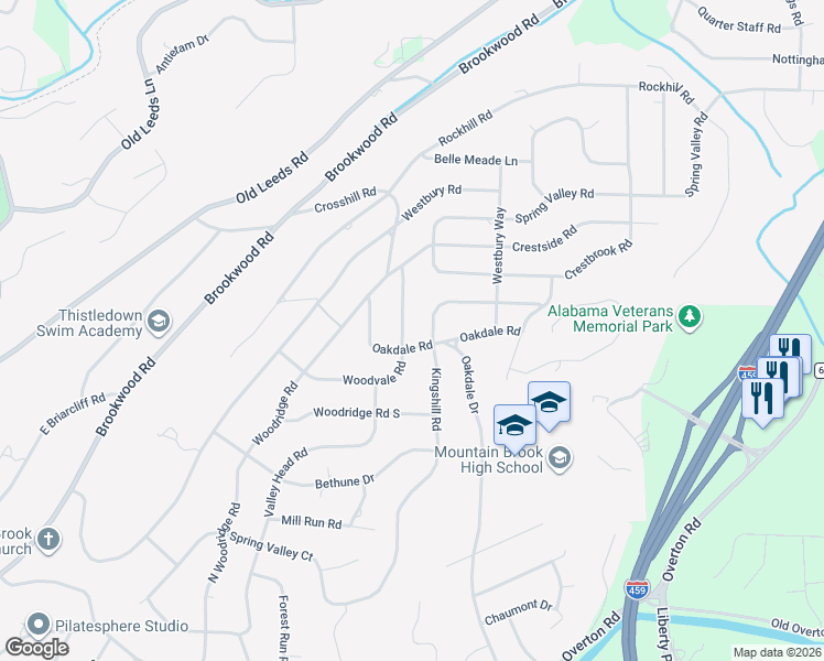 map of restaurants, bars, coffee shops, grocery stores, and more near 3637 Woodvale Road in Birmingham
