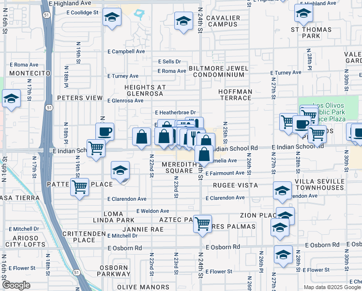 map of restaurants, bars, coffee shops, grocery stores, and more near 2306 East Indian School Road in Phoenix