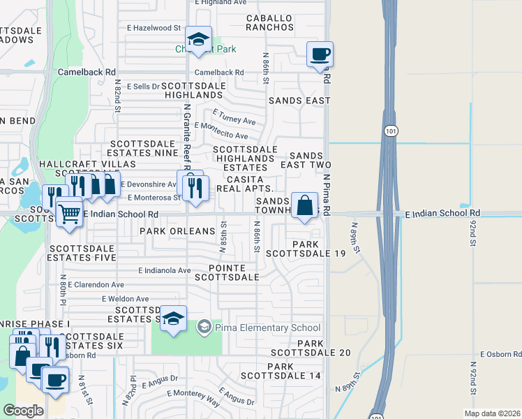 map of restaurants, bars, coffee shops, grocery stores, and more near 8605 East Monterosa Avenue in Scottsdale