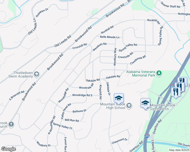 map of restaurants, bars, coffee shops, grocery stores, and more near 3637 Woodvale Road in Birmingham