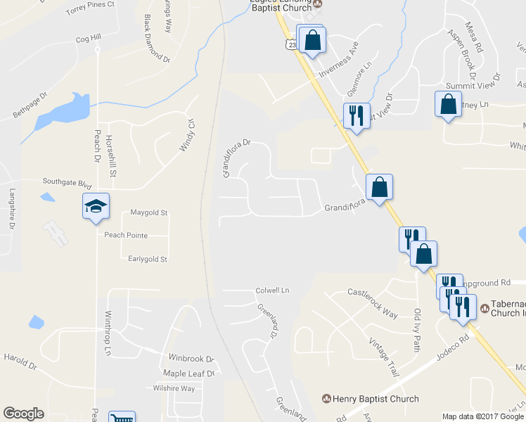 map of restaurants, bars, coffee shops, grocery stores, and more near 200 Grandiflora Drive in McDonough