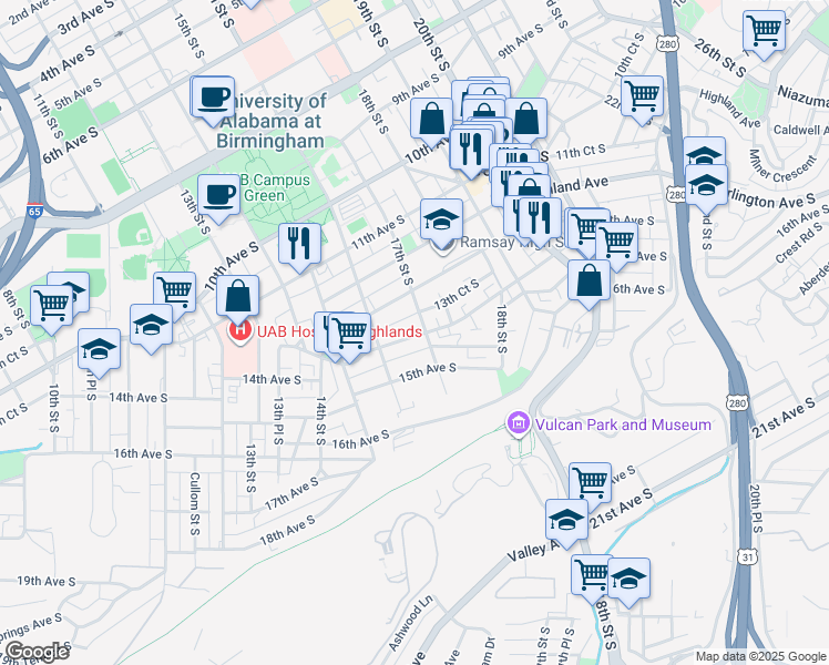 map of restaurants, bars, coffee shops, grocery stores, and more near 1401 17th Street South in Birmingham