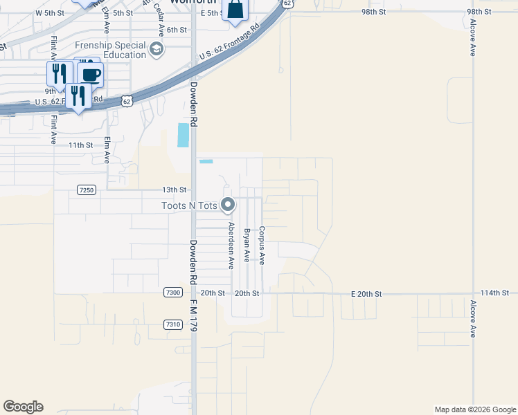 map of restaurants, bars, coffee shops, grocery stores, and more near 1405 Corpus Avenue in Wolfforth