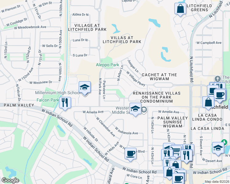 map of restaurants, bars, coffee shops, grocery stores, and more near 851 Elm Street in Litchfield Park