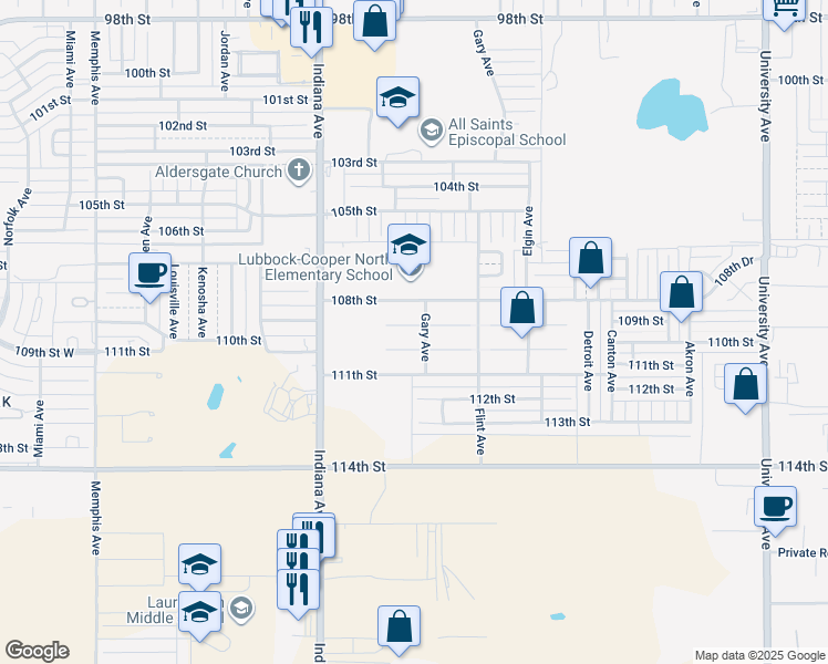 map of restaurants, bars, coffee shops, grocery stores, and more near 3203 109th Street in Lubbock