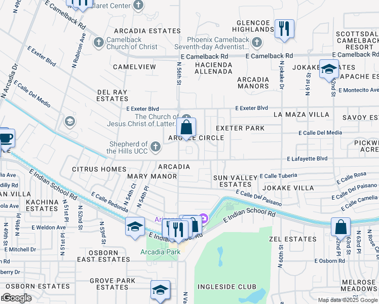 map of restaurants, bars, coffee shops, grocery stores, and more near 5615 East Argyle Drive in Phoenix