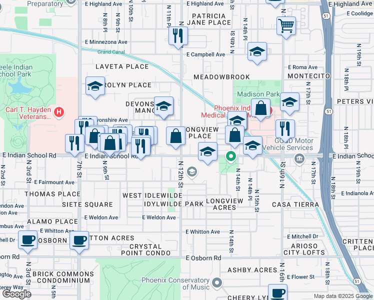 map of restaurants, bars, coffee shops, grocery stores, and more near 1202 East Indian School Road in Phoenix
