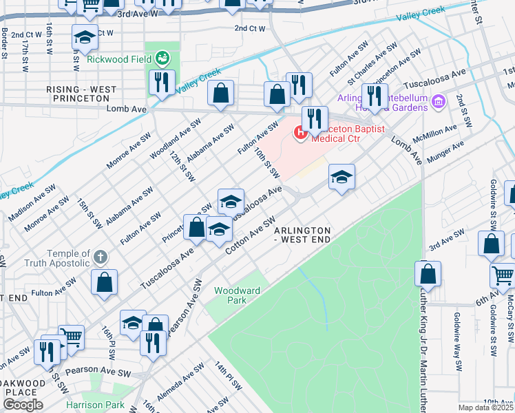map of restaurants, bars, coffee shops, grocery stores, and more near 1101 Tuscaloosa Avenue in Birmingham