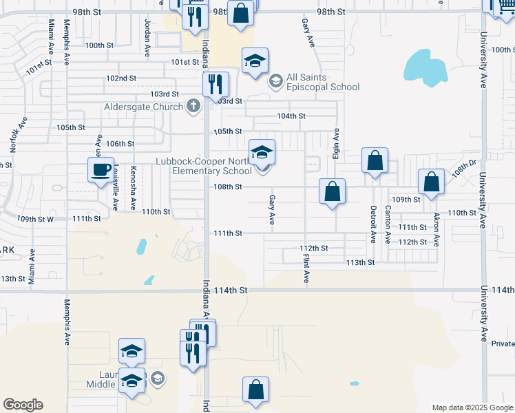 map of restaurants, bars, coffee shops, grocery stores, and more near 3207 109th Street in Lubbock
