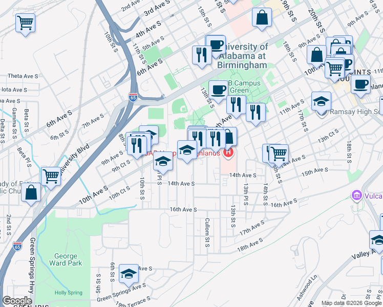 map of restaurants, bars, coffee shops, grocery stores, and more near 1126 11th Avenue South in Birmingham