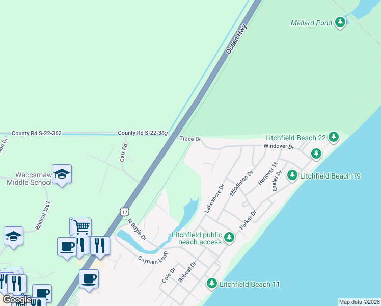 map of restaurants, bars, coffee shops, grocery stores, and more near 84 Sandlapper Way in Pawleys Island