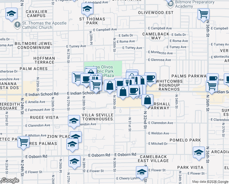 map of restaurants, bars, coffee shops, grocery stores, and more near E Indian School Rd & N 30th St in Phoenix
