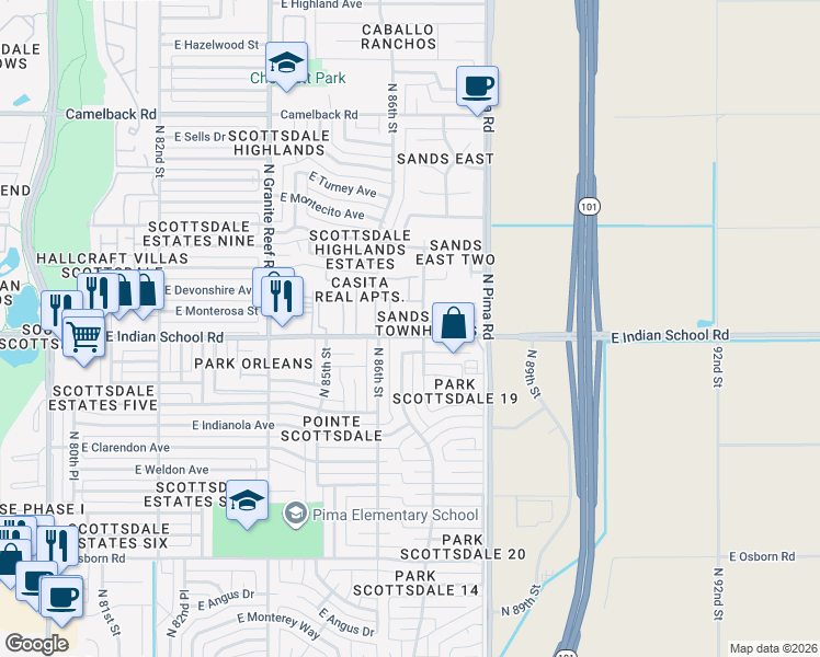 map of restaurants, bars, coffee shops, grocery stores, and more near 8605 East Monterosa Avenue in Scottsdale