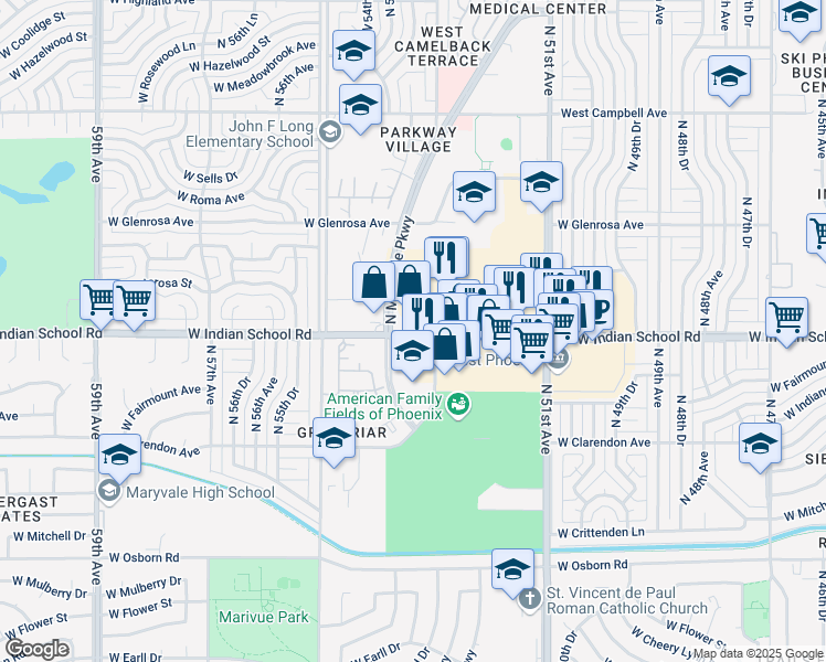 map of restaurants, bars, coffee shops, grocery stores, and more near 5350 West Indian School Road in Phoenix