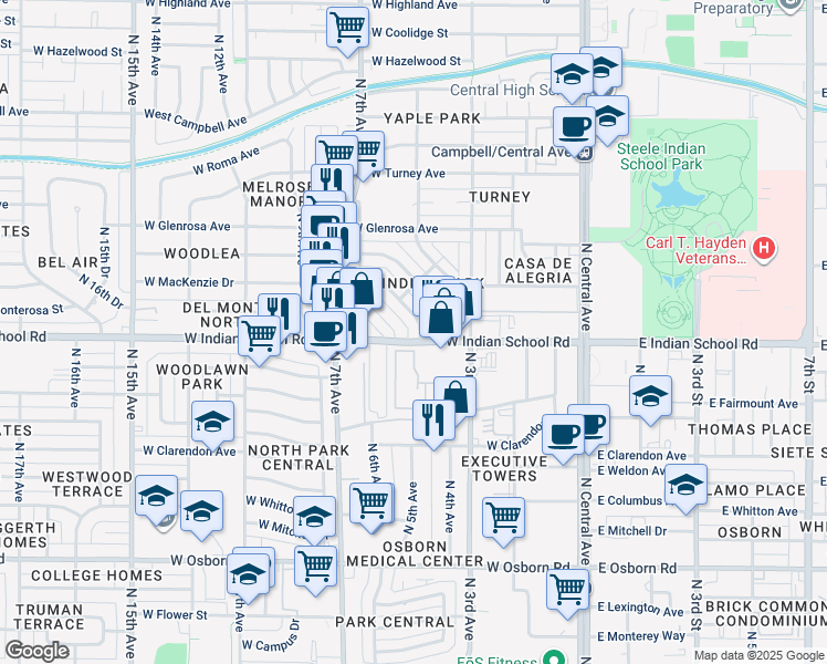 map of restaurants, bars, coffee shops, grocery stores, and more near in Phoenix
