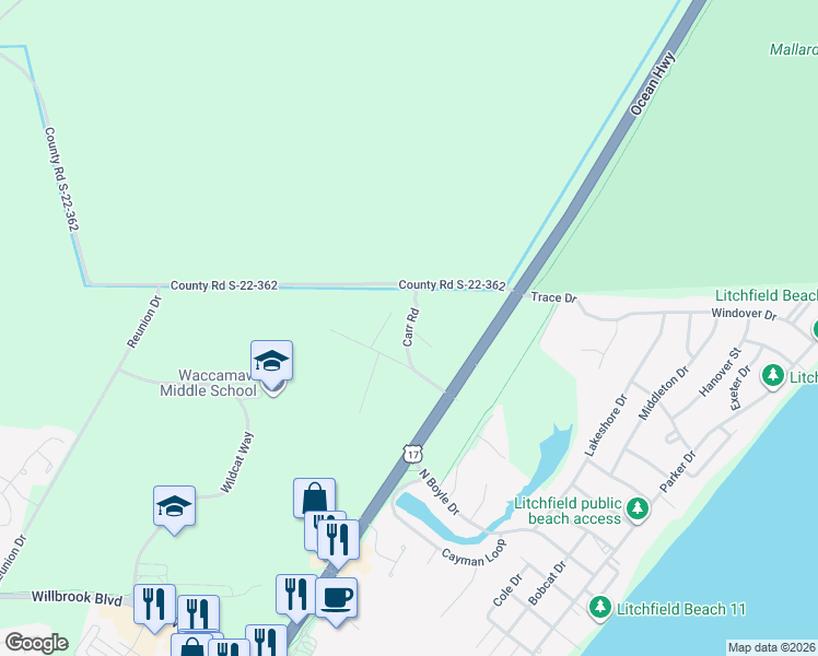 map of restaurants, bars, coffee shops, grocery stores, and more near Carr Road in Litchfield by the Sea