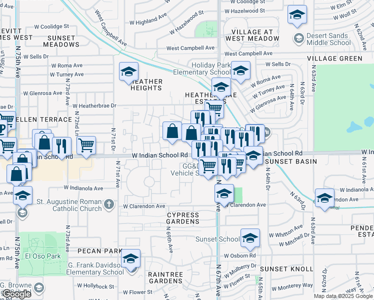 map of restaurants, bars, coffee shops, grocery stores, and more near 6800 West Indian School Road in Phoenix