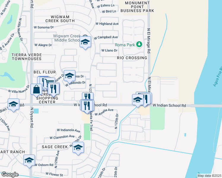 map of restaurants, bars, coffee shops, grocery stores, and more near 12518 West Honeysuckle Street in Litchfield Park