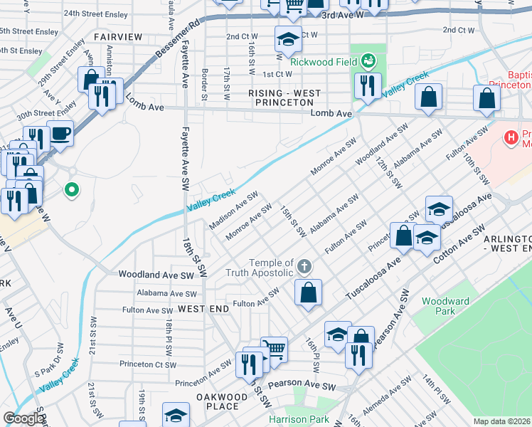 map of restaurants, bars, coffee shops, grocery stores, and more near 1521 Monroe Avenue Southwest in Birmingham