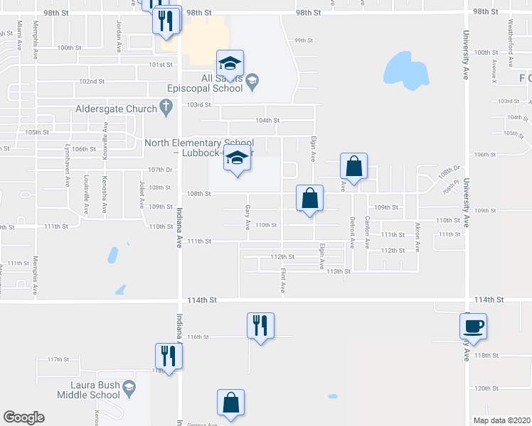 map of restaurants, bars, coffee shops, grocery stores, and more near 3107 109th Street in Lubbock