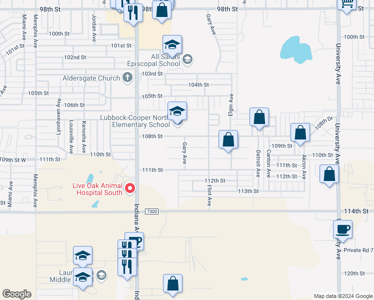map of restaurants, bars, coffee shops, grocery stores, and more near 3115 109th Street in Lubbock
