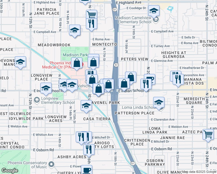 map of restaurants, bars, coffee shops, grocery stores, and more near 1648 East Indian School Road in Phoenix