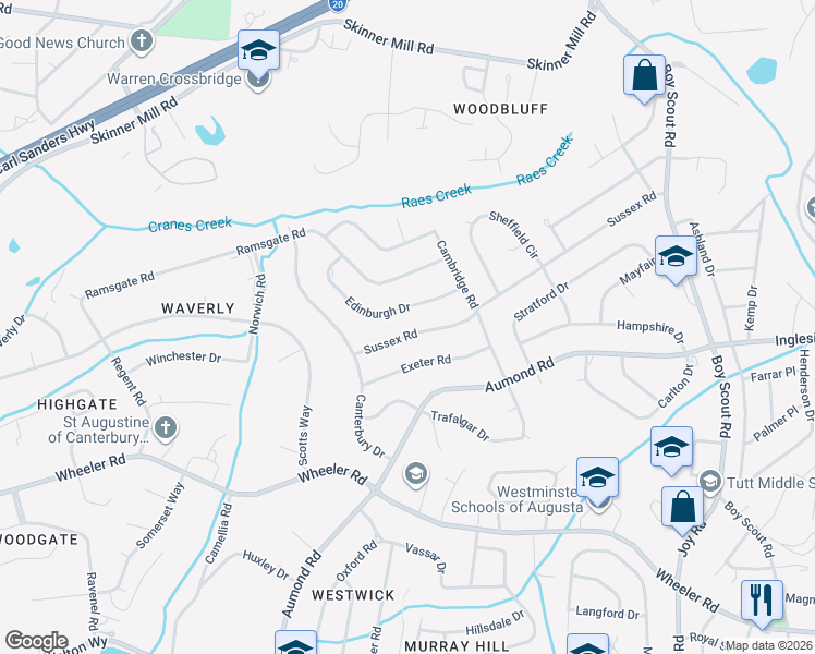 map of restaurants, bars, coffee shops, grocery stores, and more near 3115 Sussex Rd in Augusta