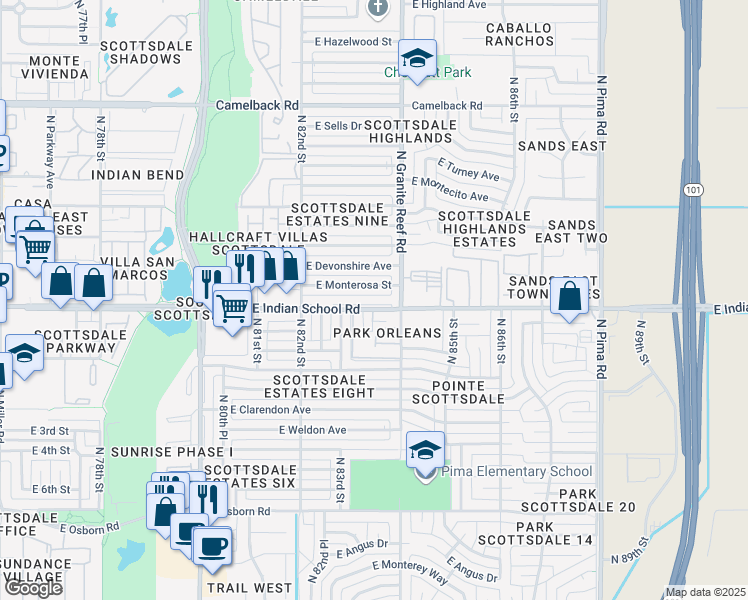map of restaurants, bars, coffee shops, grocery stores, and more near 8322 East Indian School Road in Scottsdale
