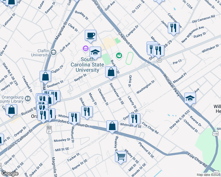 map of restaurants, bars, coffee shops, grocery stores, and more near 1165-1205 Lancaster Street Southeast in Orangeburg