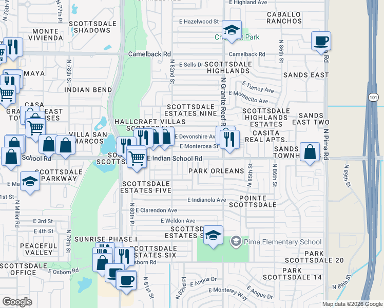 map of restaurants, bars, coffee shops, grocery stores, and more near 8238 East Indian School Road in Scottsdale