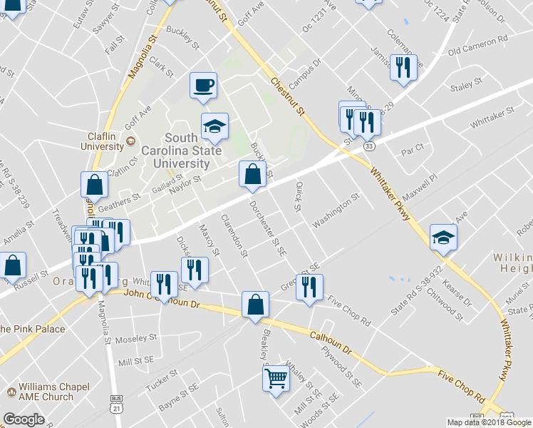 map of restaurants, bars, coffee shops, grocery stores, and more near 1205 Lancaster Street Southeast in Orangeburg