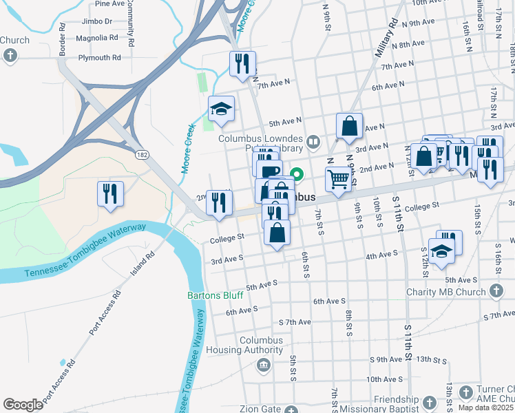 map of restaurants, bars, coffee shops, grocery stores, and more near 109 4th Street South in Columbus