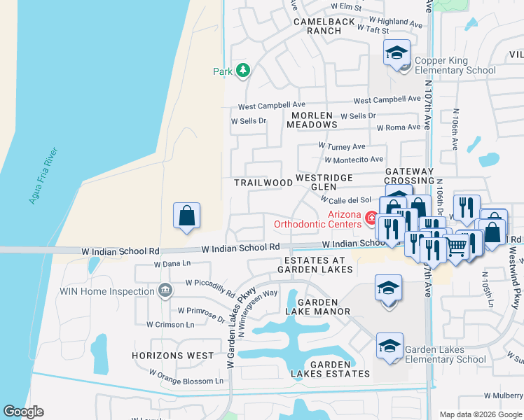 map of restaurants, bars, coffee shops, grocery stores, and more near 11207 West Devonshire Avenue in Phoenix