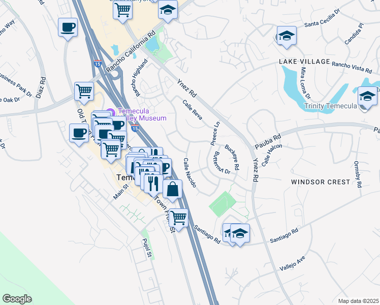 map of restaurants, bars, coffee shops, grocery stores, and more near 43332 Calle Nacido in Temecula