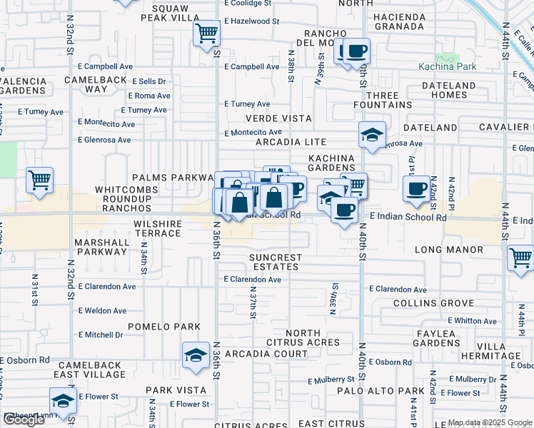 map of restaurants, bars, coffee shops, grocery stores, and more near 3743 East Indian School Road in Phoenix