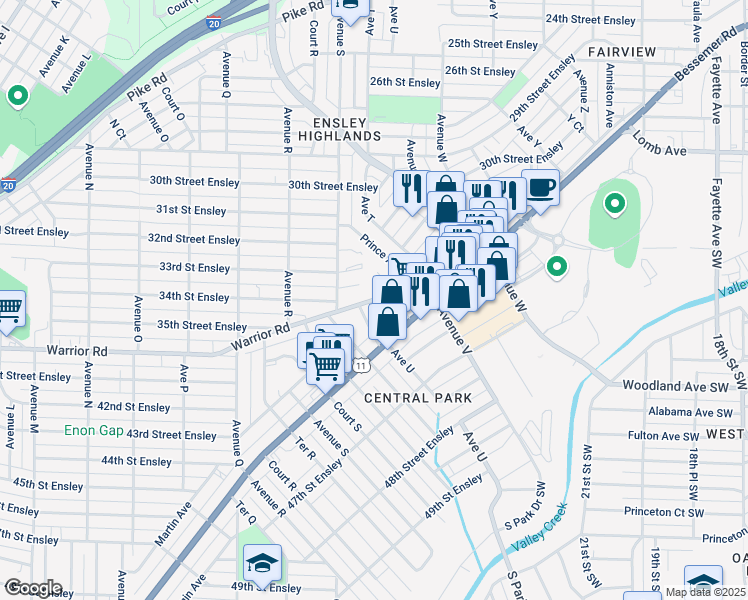 map of restaurants, bars, coffee shops, grocery stores, and more near Warrior Road in Birmingham