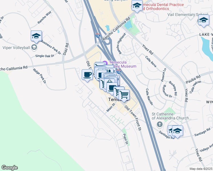 map of restaurants, bars, coffee shops, grocery stores, and more near 28545 Old Town Front Street in Temecula