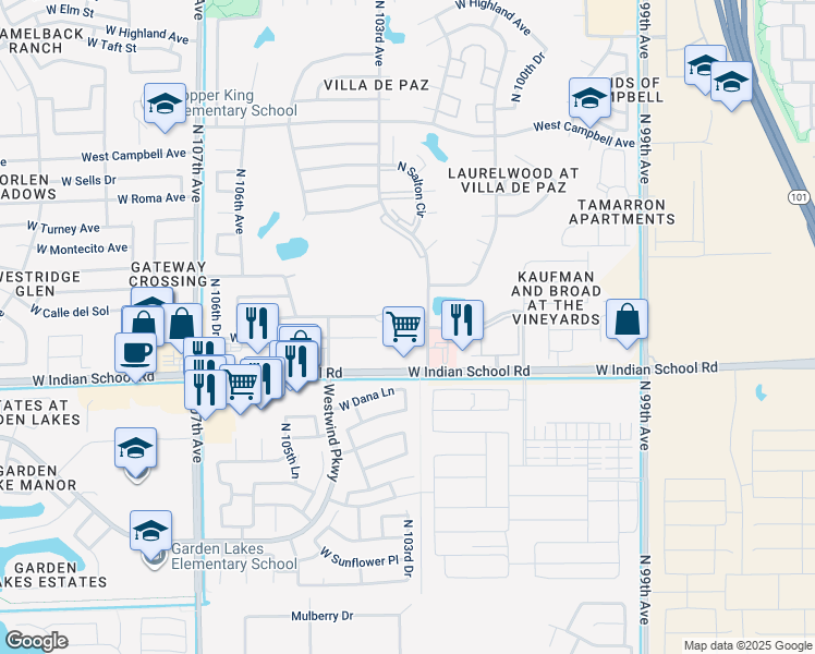 map of restaurants, bars, coffee shops, grocery stores, and more near 10341 West Monterosa Avenue in Phoenix