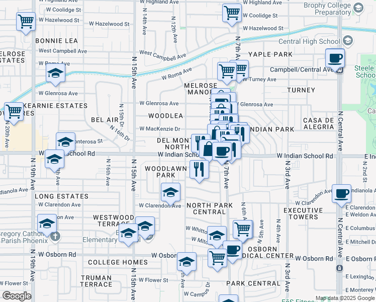 map of restaurants, bars, coffee shops, grocery stores, and more near 950 West Indian School Road in Phoenix