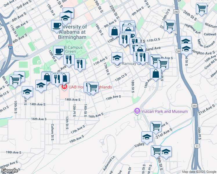 map of restaurants, bars, coffee shops, grocery stores, and more near 1620 14th Avenue South in Birmingham