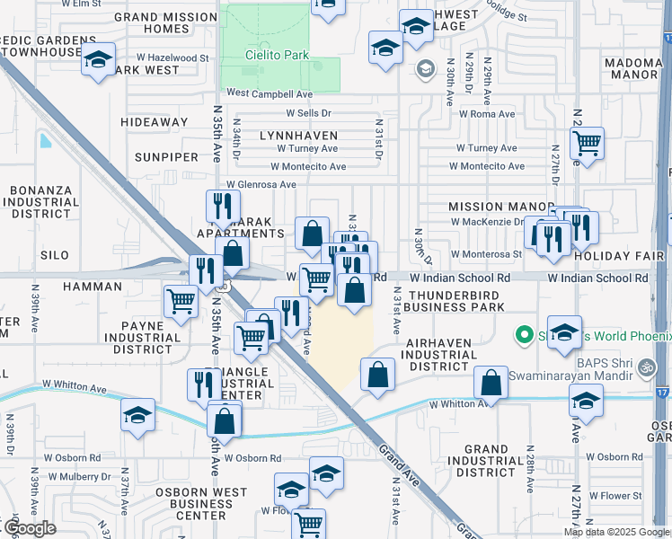 map of restaurants, bars, coffee shops, grocery stores, and more near 3222 West Indian School Road in Phoenix